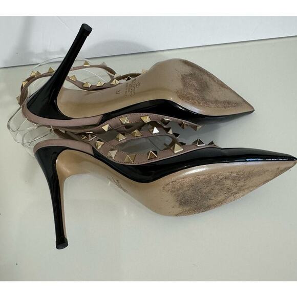 Valentino Garavani Heels Pointed Toe Rockstud‎ Studded Black Beige Patent 37 - Picture 7 of 8